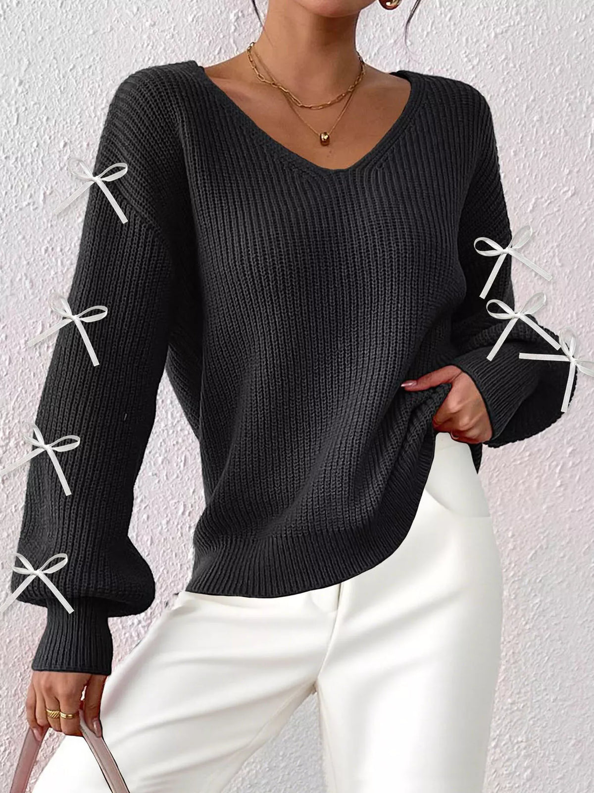Bow-Tie Sleeve V-Neck Sweater - Black - View 1
