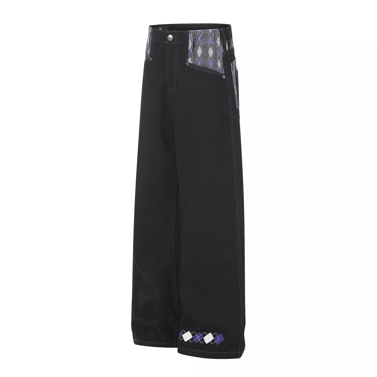 Men's High-Waisted Wide-Leg Jeans with Argyle Pattern Accents - Black - View 2