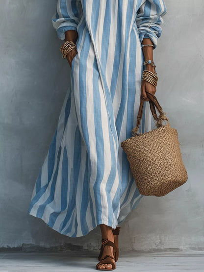 Off-Shoulder Striped Maxi Dress - Light Blue - View 3