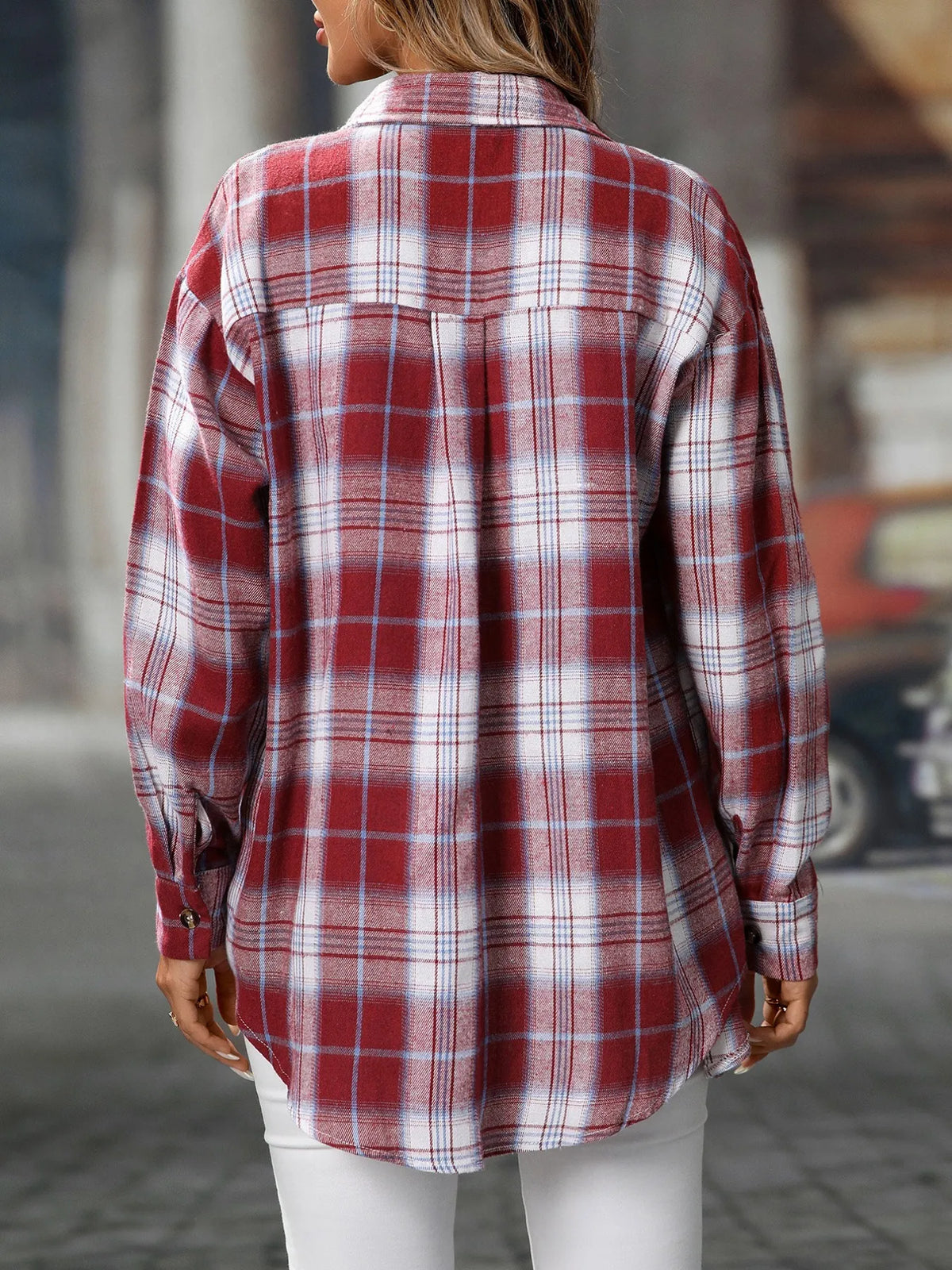 Plaid Button-Down Oversized Shirt - Red+white - View 30