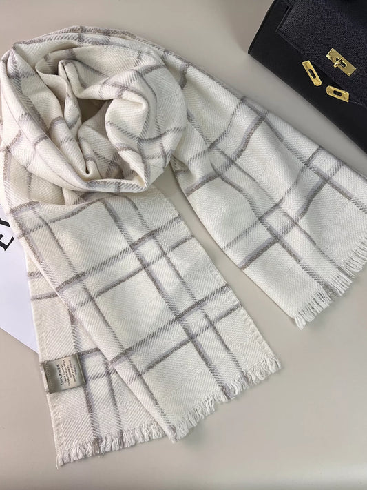 100% Wool Raw Hem Plaid Scarf - Ivory - View 2