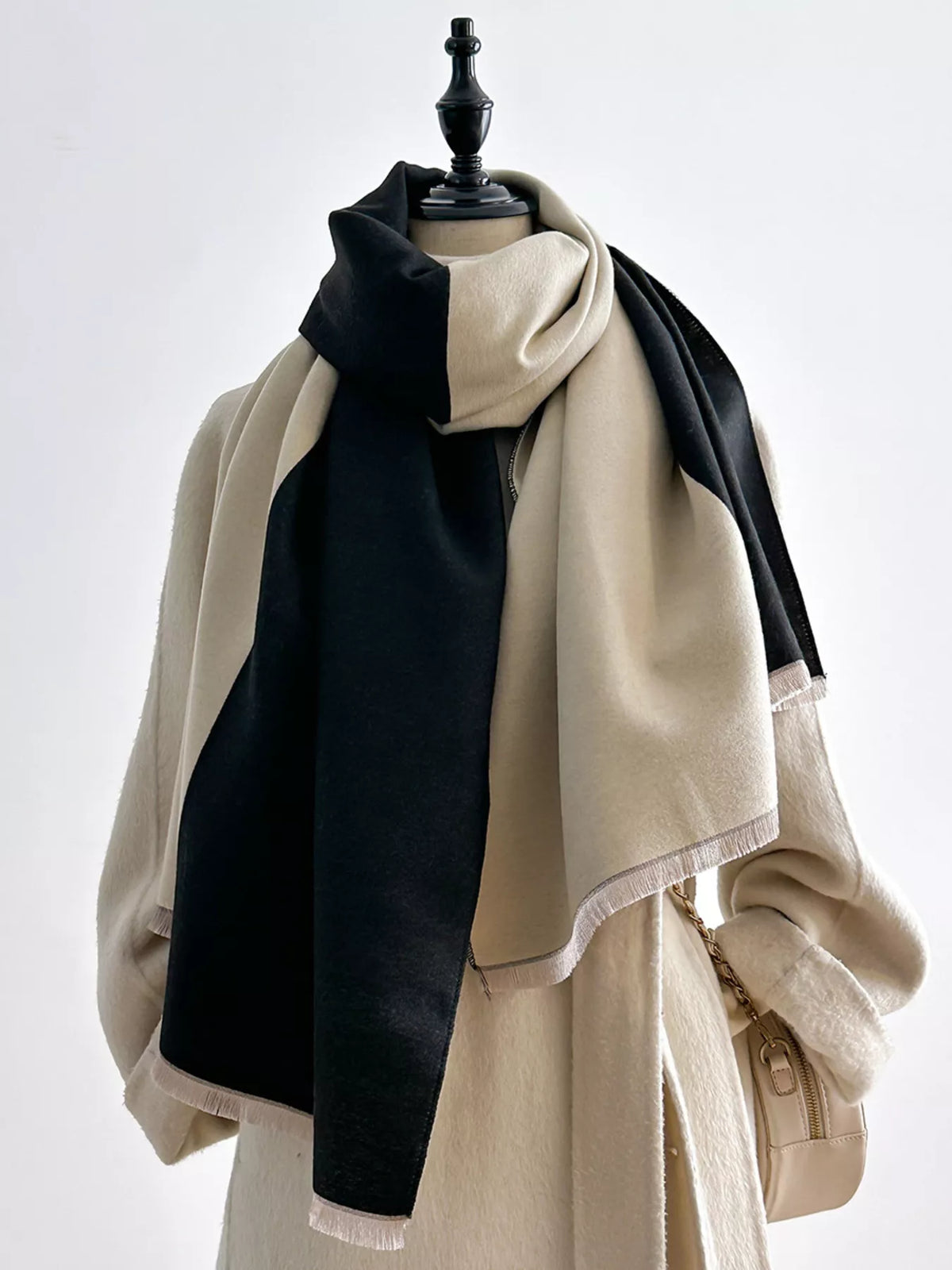 Two-Tone Raw Hem Scarf - Black - View 4