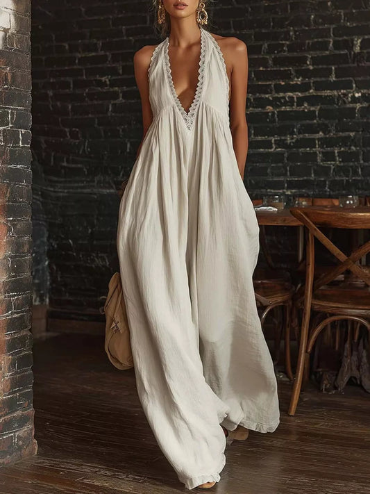 Full Size Lace Trim Wide-Leg Jumpsuit Plus Size - White - View 1