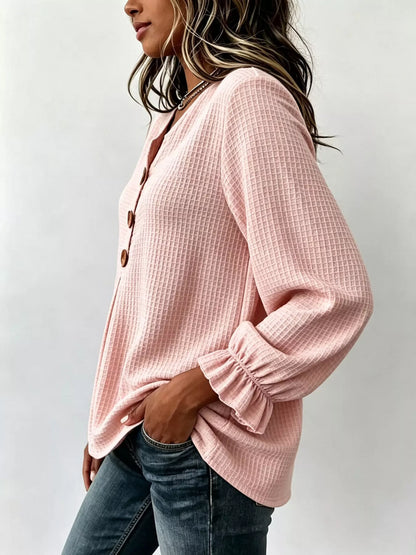 Waffle Knit Long Sleeve Top - Blush Pink - View 3