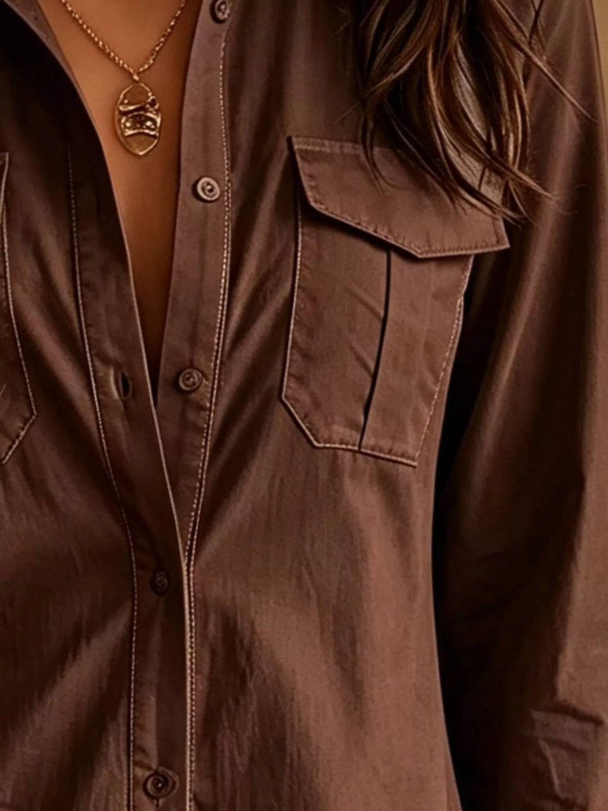 Button-Down Shirt Dress with Lace Trim - Dark Brown - View 2