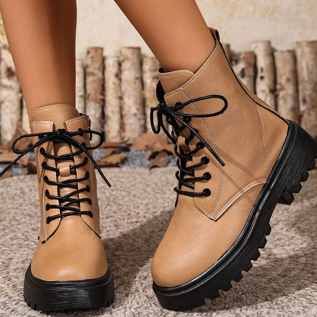 Round Toe Block Heels Boots - Khaki - View 14