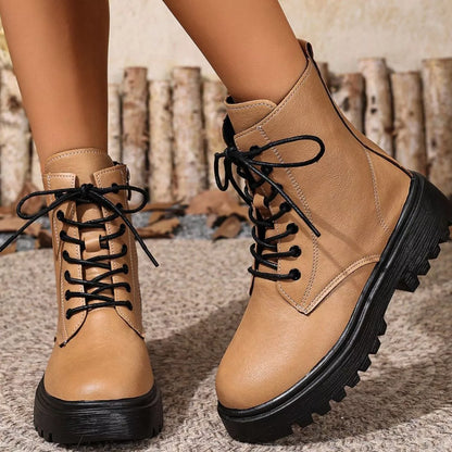 Round Toe Block Heels Boots - Khaki - View 14