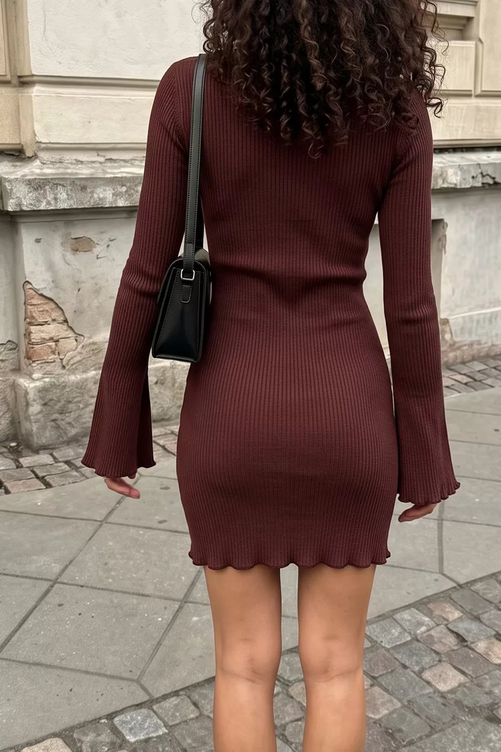 Mock Neck Ribbed Knit Bodycon Mini Dress - Burgundy - View 3