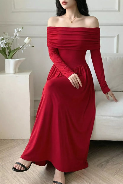 Off-Shoulder Ruched Maxi Dress - Deep Red - View 4