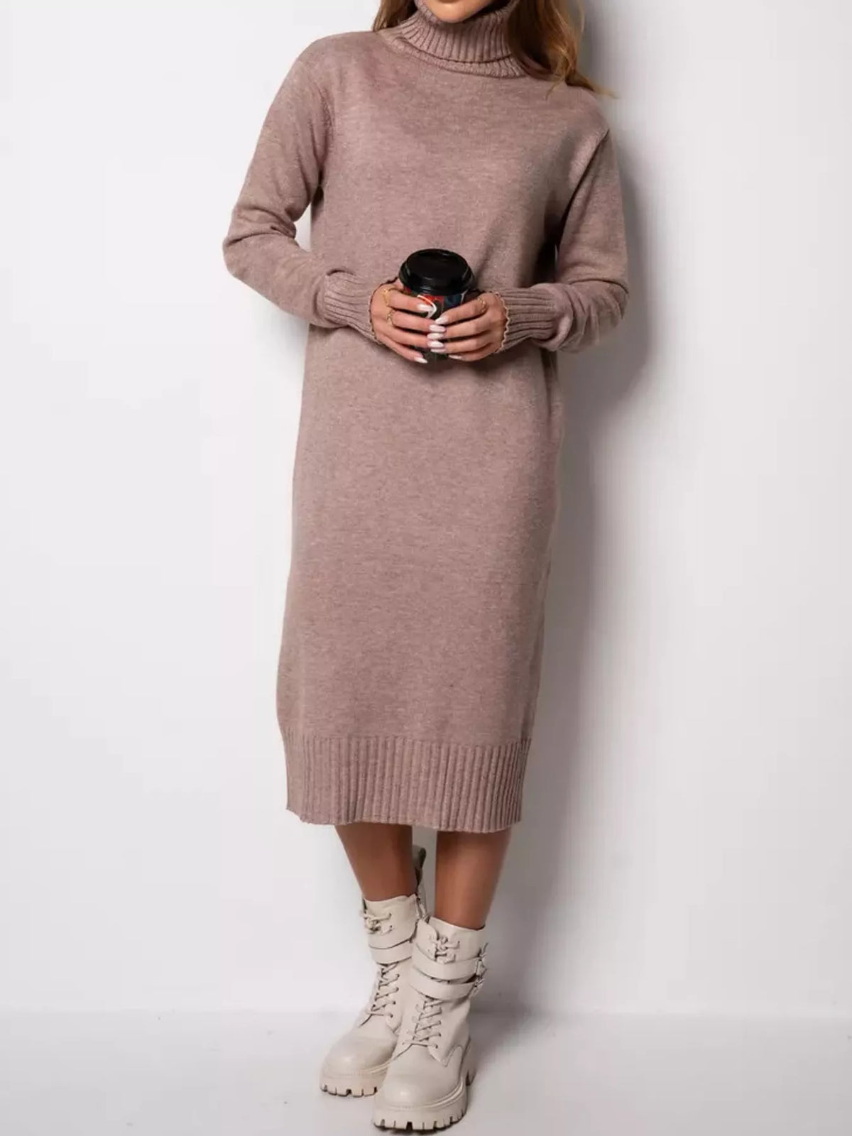 Turtleneck Ribbed Knit Sweater Dress - Camel - View 16