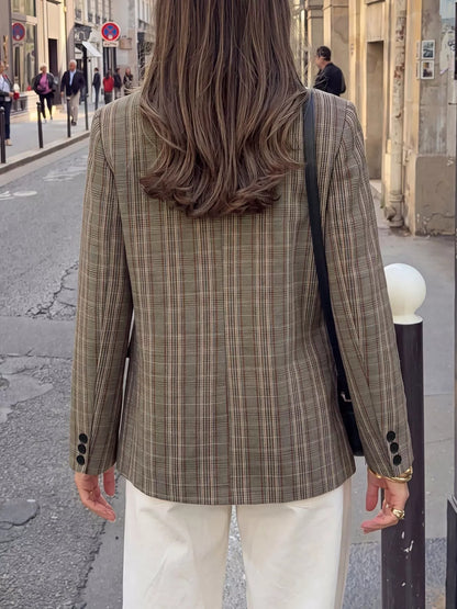 Plaid Single-Button Blazer - Mocha - View 6