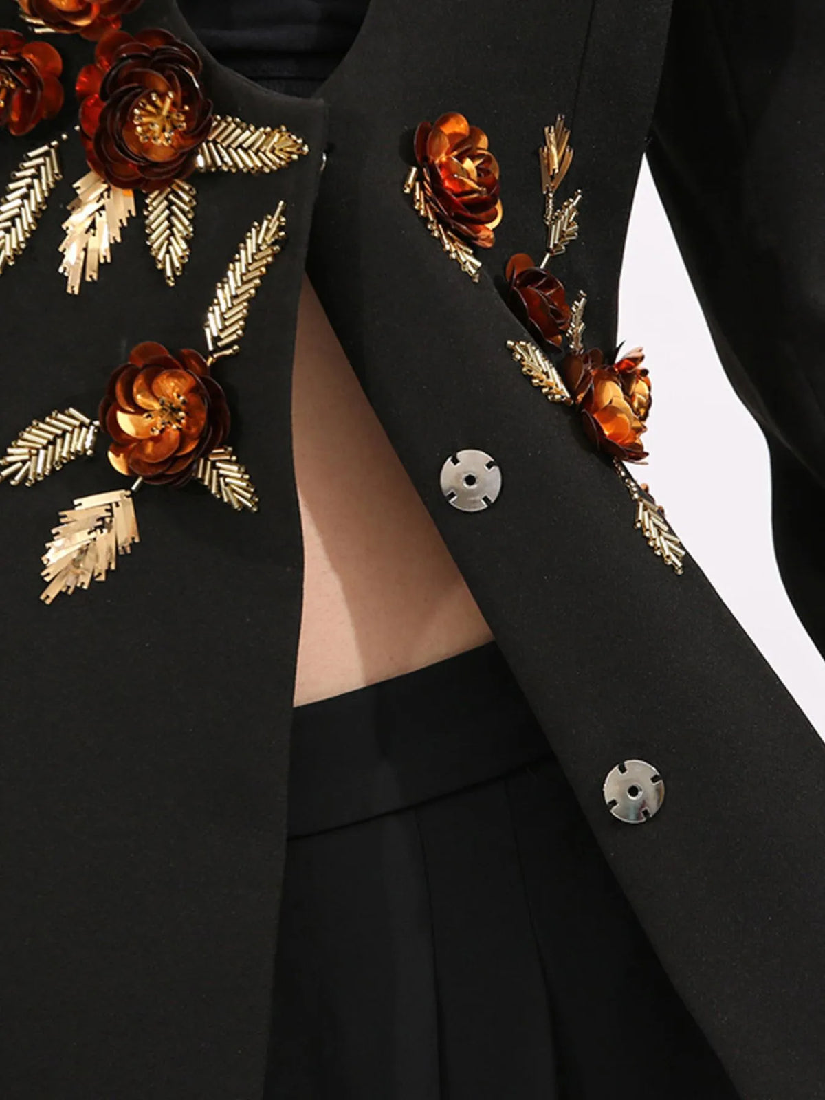 Embroidered Long Sleeve Blazer - Black - View 8