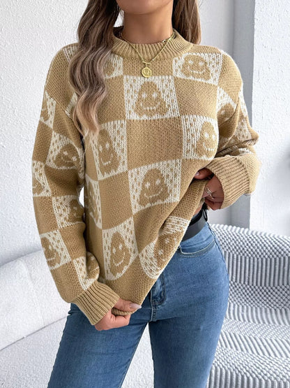 Checkerboard Halloween Graphic Sweater - Khaki - View 4