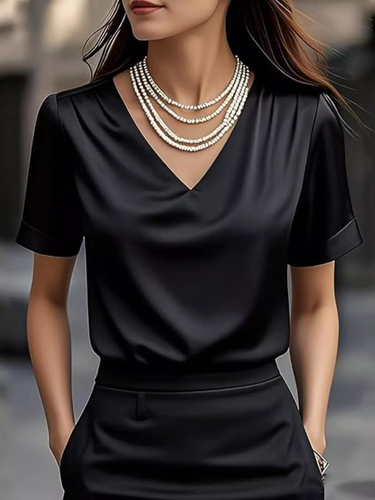 Elegant V-Neck Short Sleeve Ruched Top - Black - View 4