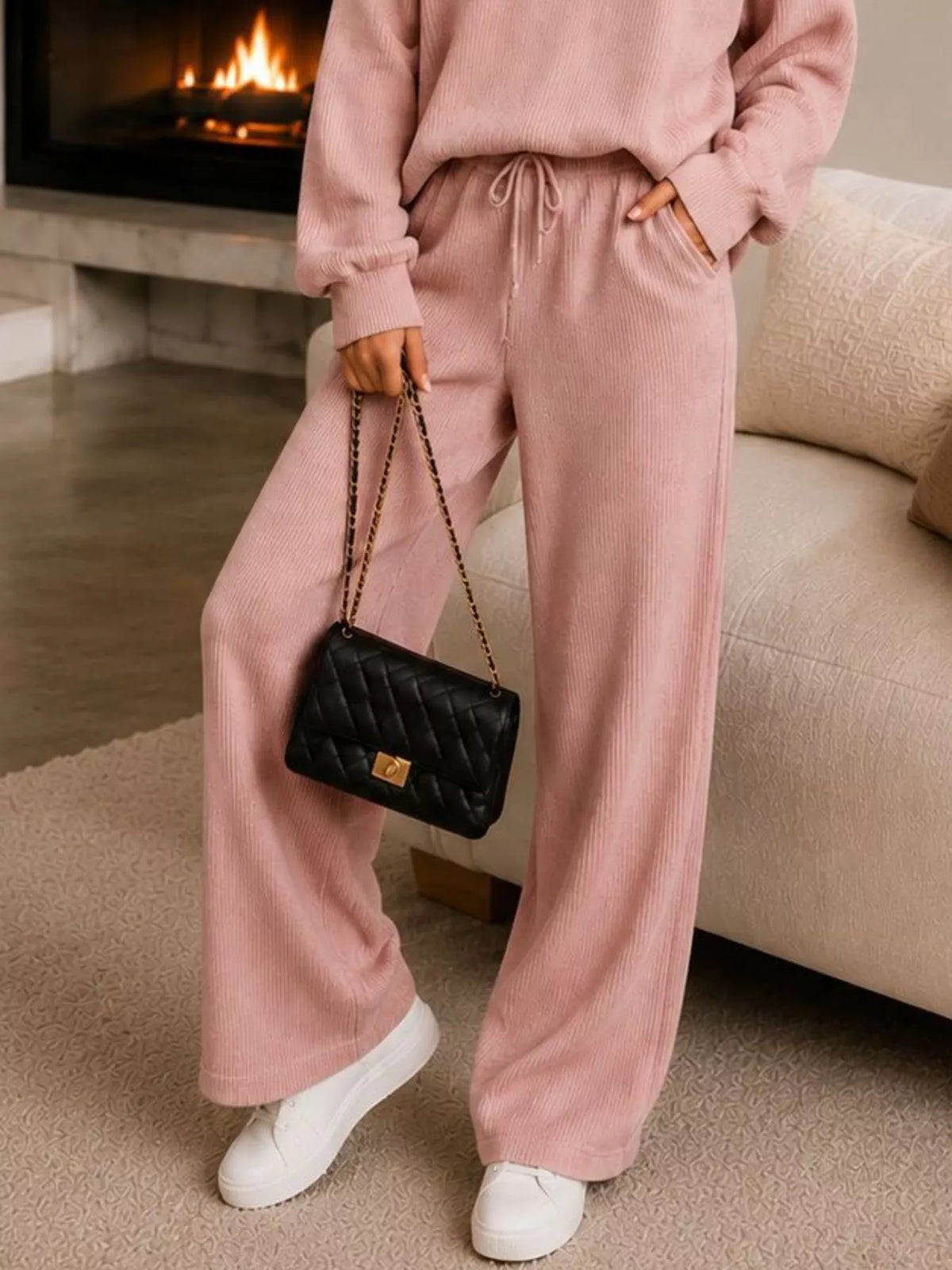 Ribbed Knit Quarter-Zip Top and Wide-Leg Pants Set - Dusty Pink - View 3