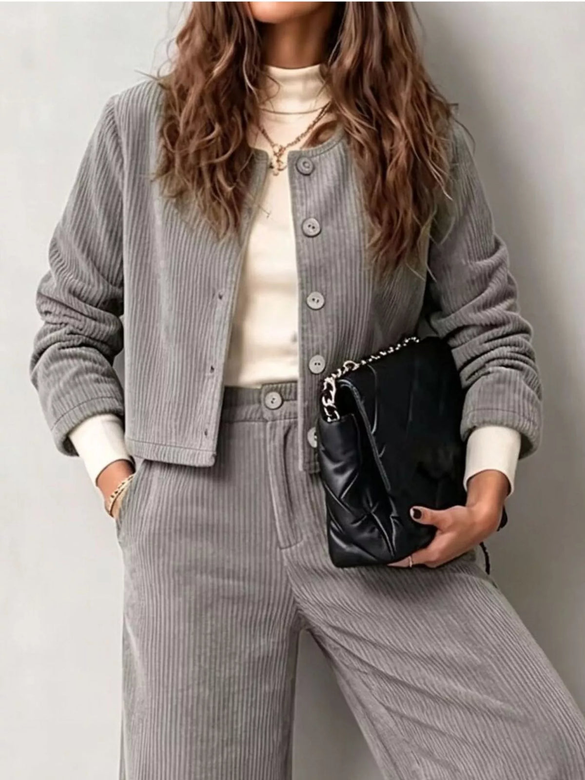 Full Size Corduroy Button-Down Jacket and Wide-Leg Pants Two-Piece Set Plus Size - Gray - View 5