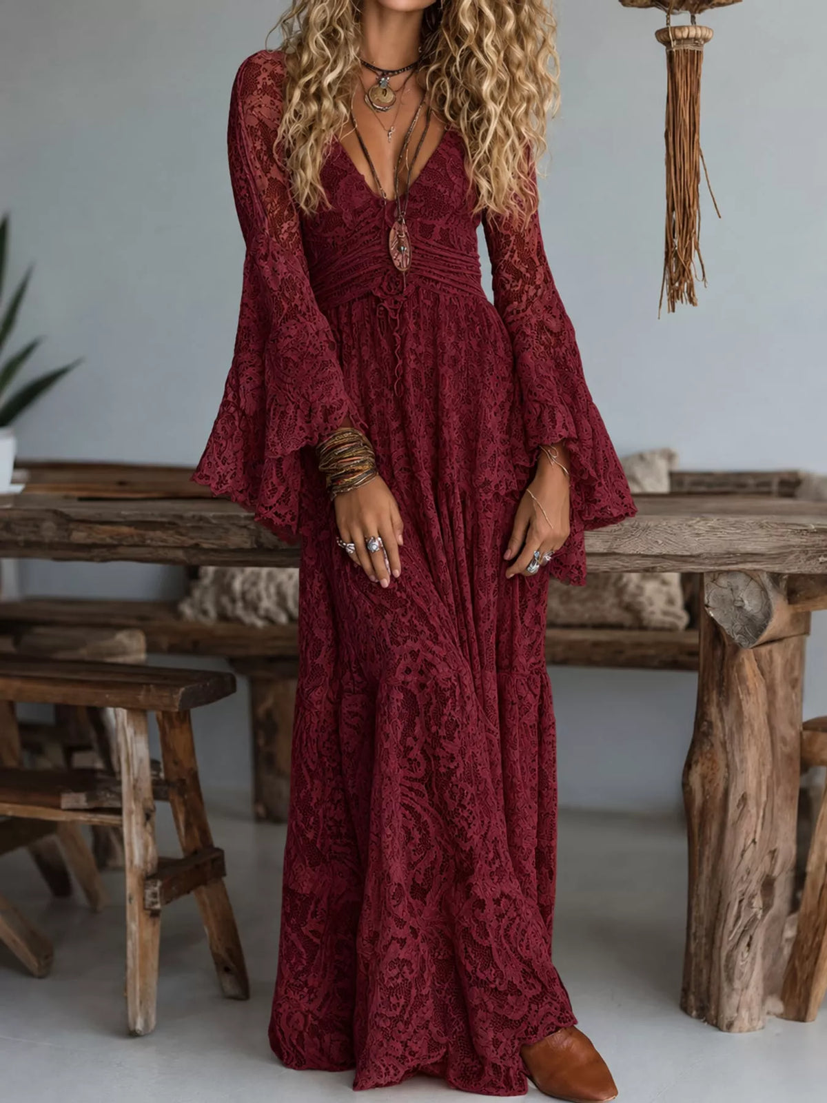 V-Neck Lace Flare Sleeve Maxi Dress - Burgundy - View 7
