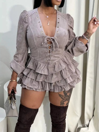 Lace-Up Ruffle Hem Long Sleeve Mini Dress - Dusty Pink - View 2