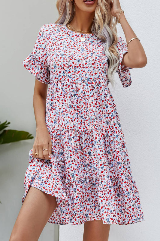 Ditsy Floral Flounce Sleeve Tiered Dress - Floral - View 1