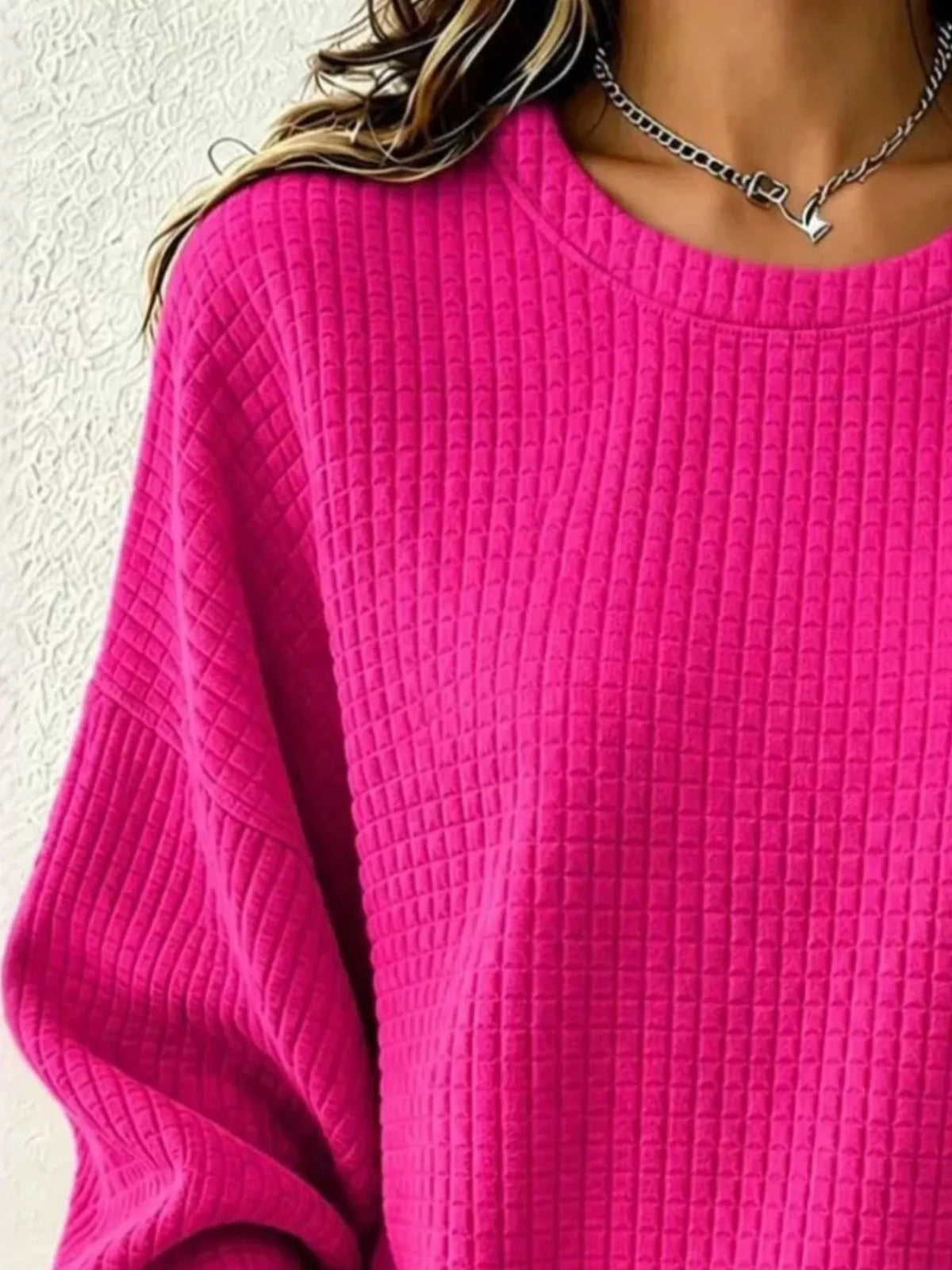 Full Size Waffle Knit Long Sleeve Crew Neck Sweatshirt Plus Size - Rose Red - View 2