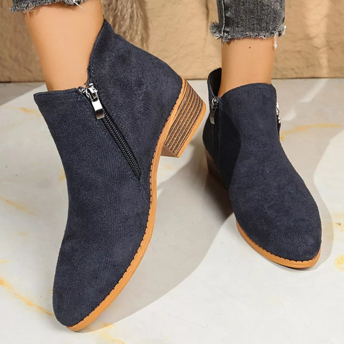 Point Toe Block Heels Boots - Dark Blue - View 13
