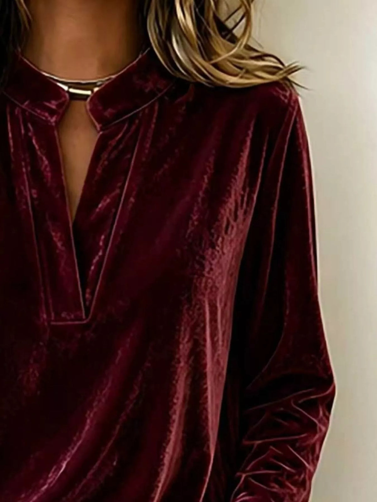 Full Size Velvet Notched Long Sleeve Blouse Plus Size - Burgundy - View 2