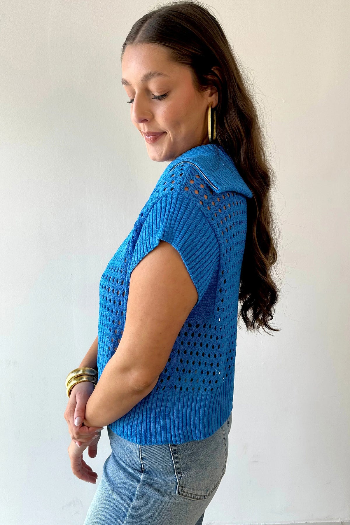 Sky Blue Cutout Knit Zip-Collar Top - Sky Blue - View 5