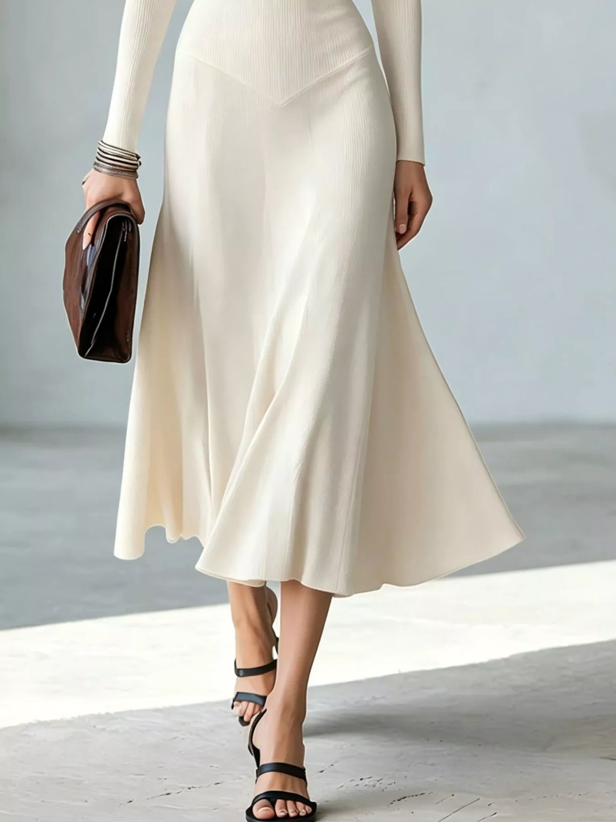 Full Size Mock Neck Cut-Out Long Sleeve Midi Dress Plus Size - White - View 3
