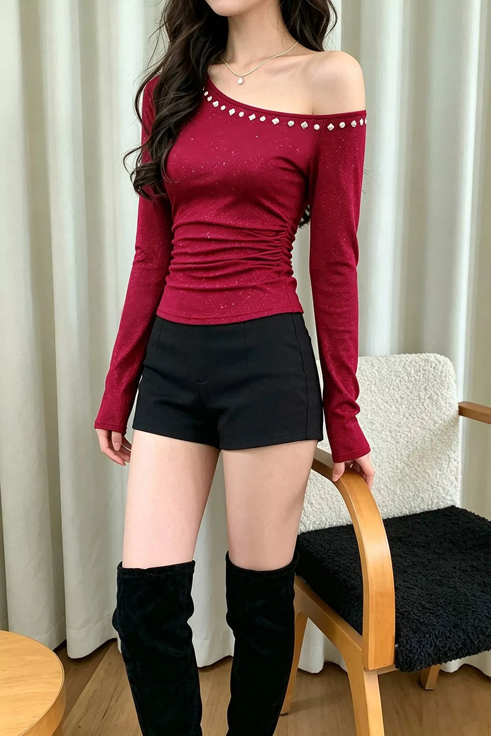 Glitter One Shoulder Slim Fit Top - Burgundy - View 3