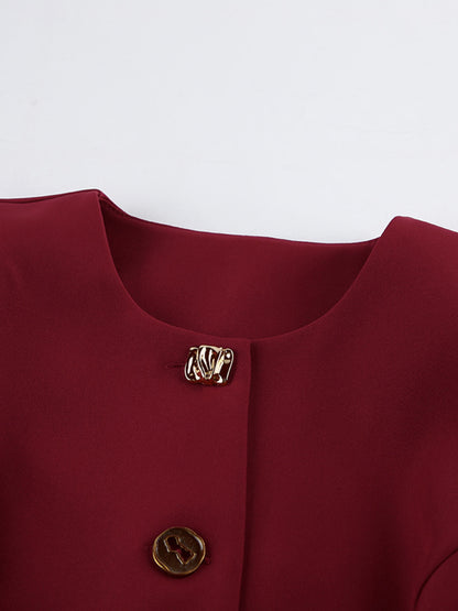 Button Up Peplum Blazer & Skirt Set - Burgundy - View 10