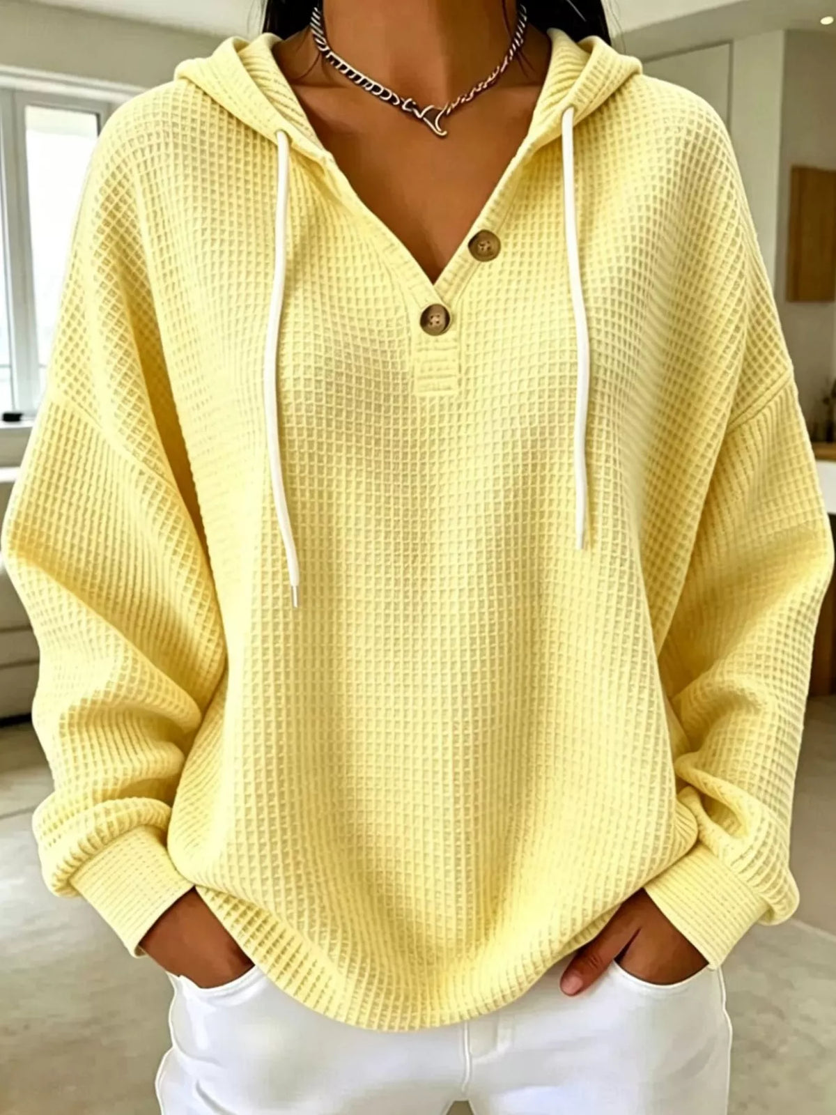 Full Size Waffle Knit Button Detail Hoodie Plus Size - Yellow - View 10