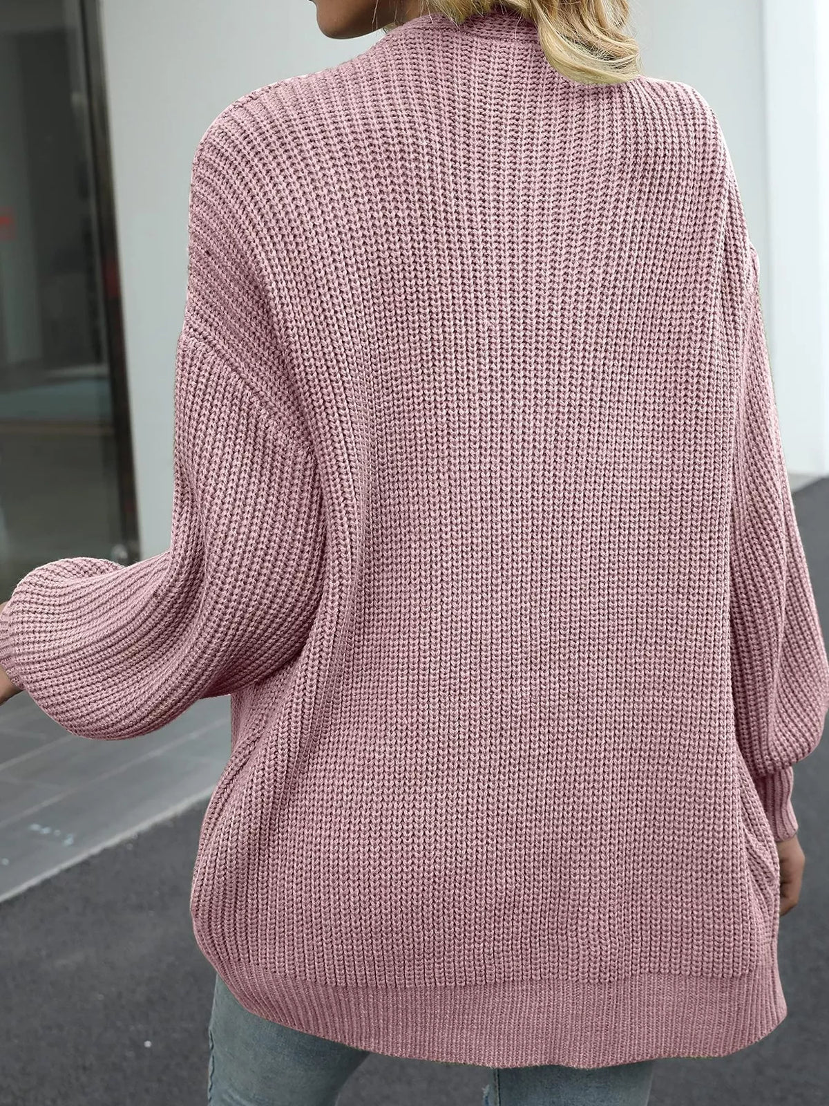 Chunky Knit Open Front Cardigan with Lantern Sleeves - Pink - View 3