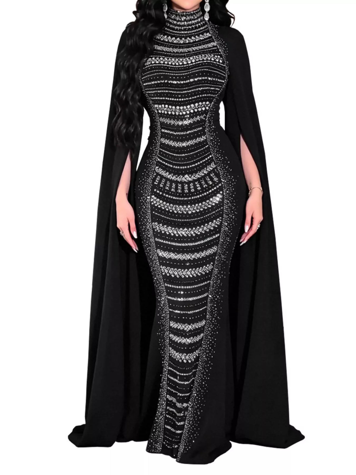 Rhinestone Slit Flare Sleeve Cape Maxi Dress - Black - View 3