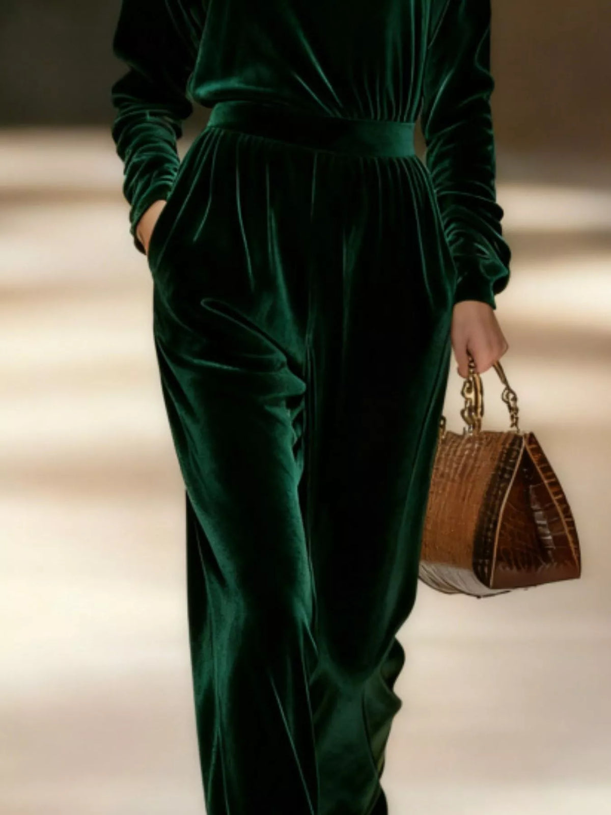 Full Size Velvet Turtleneck Long Sleeve Top and Wide-Leg Pants Set Plus Size - Dark Green - View 3
