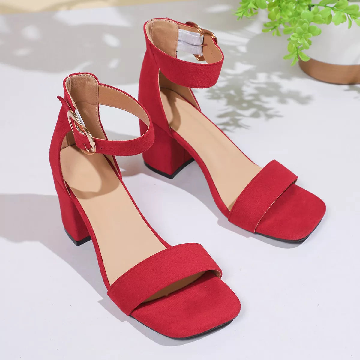 Open Toe Block Heels Sandals - Red - View 6