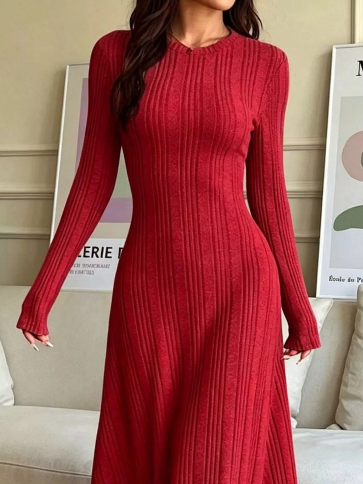 Long Sleeve Ribbed Knit Dress - Deep Red - View 2