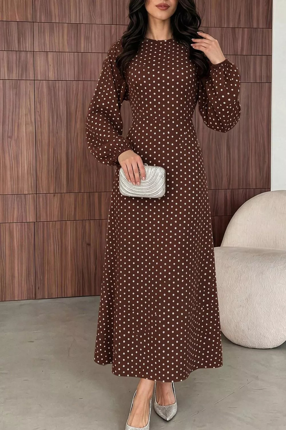 Polka Dot Long Sleeve Maxi Dress - Coffee Brown - View 1