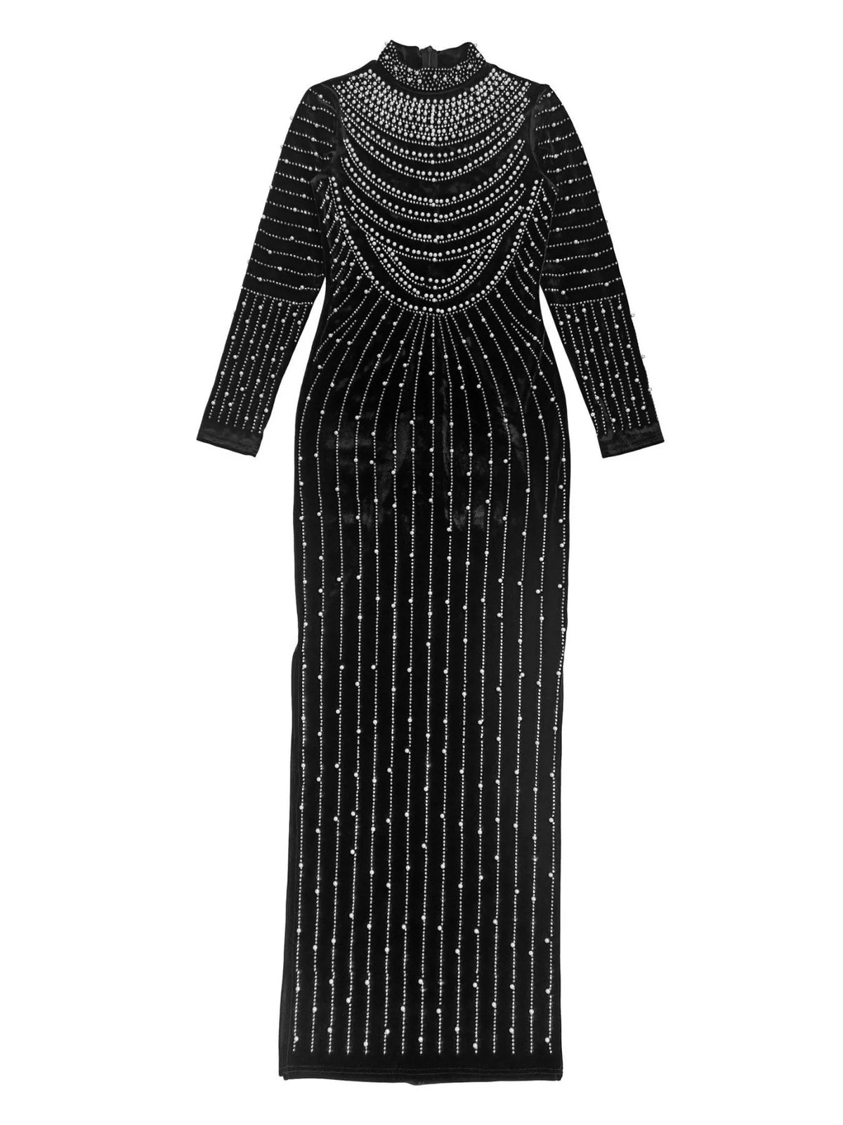Rhinestone Embellished Mock Neck Long Sleeve Maxi Dress - Black - View 6