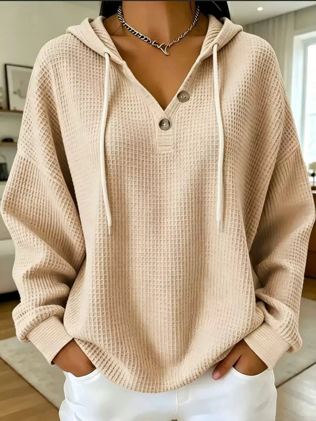 Full Size Waffle Knit Button Detail Hoodie Plus Size - Apricot Color - View 50