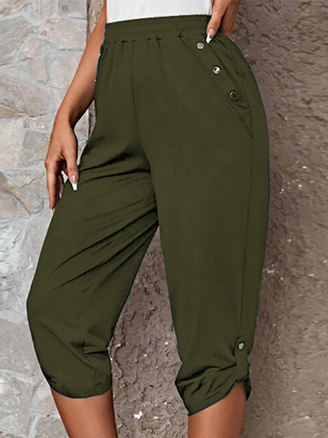 Full Size Roll-Tab Capris Pants - Matcha Green - View 8