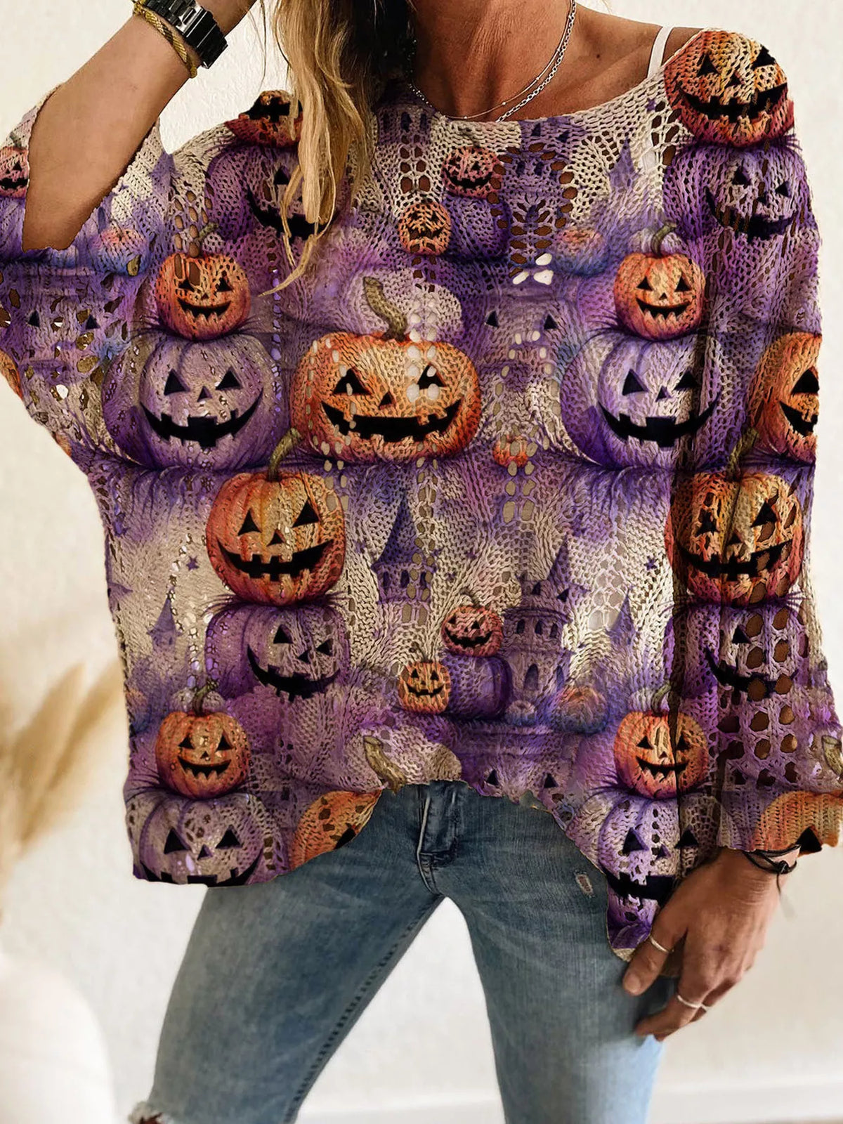 Full Size Halloween Pumpkin Loose Knit Cover Up Plus Size - Purple - View 1