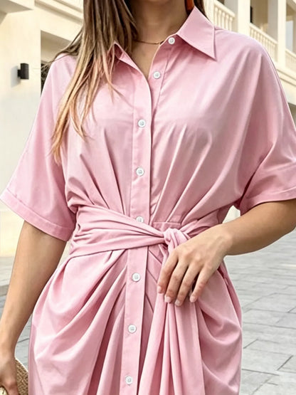 Button-Down Shirt Dress with Waist-Tie Detail - Pink - View 3