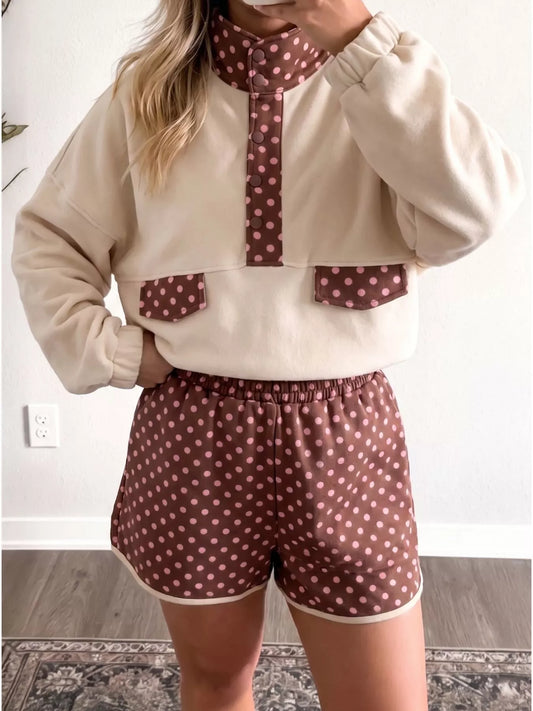 Polka Dot Contrast Baggy Pullover and Elastic Waist Shorts 2pcs Set - Beige - View 1