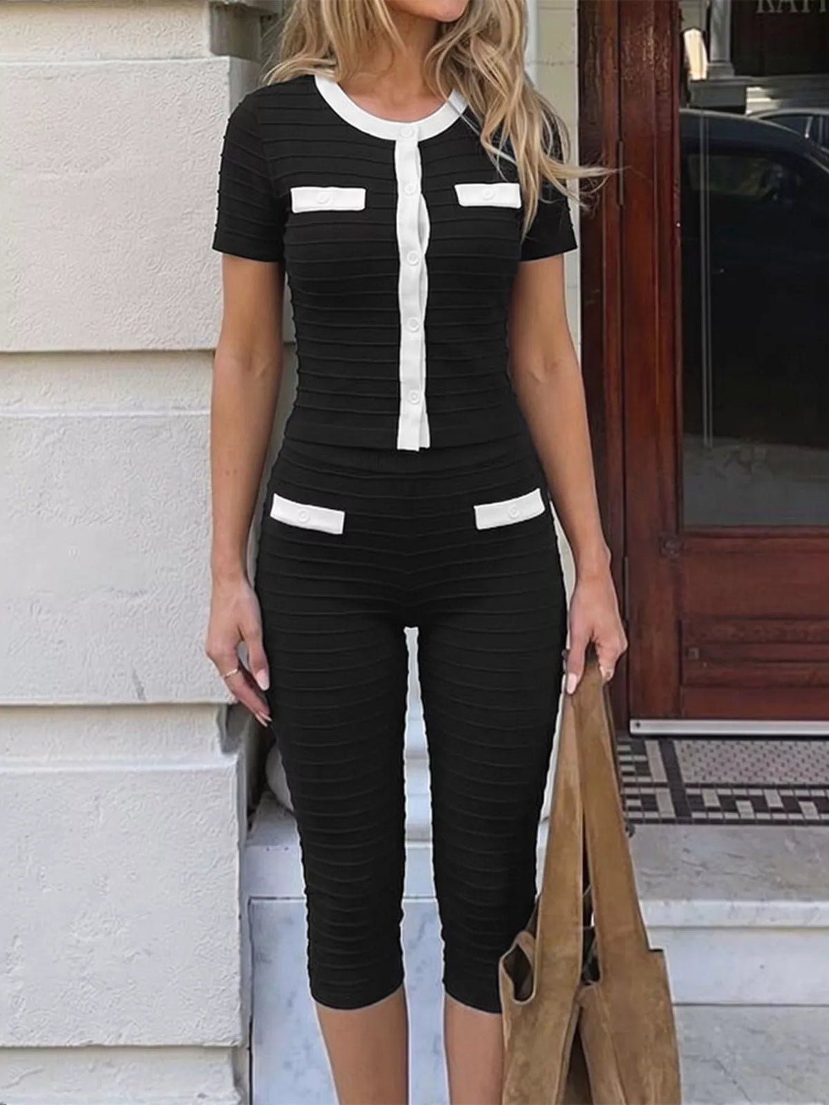 Contrast Trim Short Sleeve Top and Capris Set - Black - View 3
