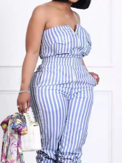 Striped Tube Casual Jumpsuit - Stripe - View 3