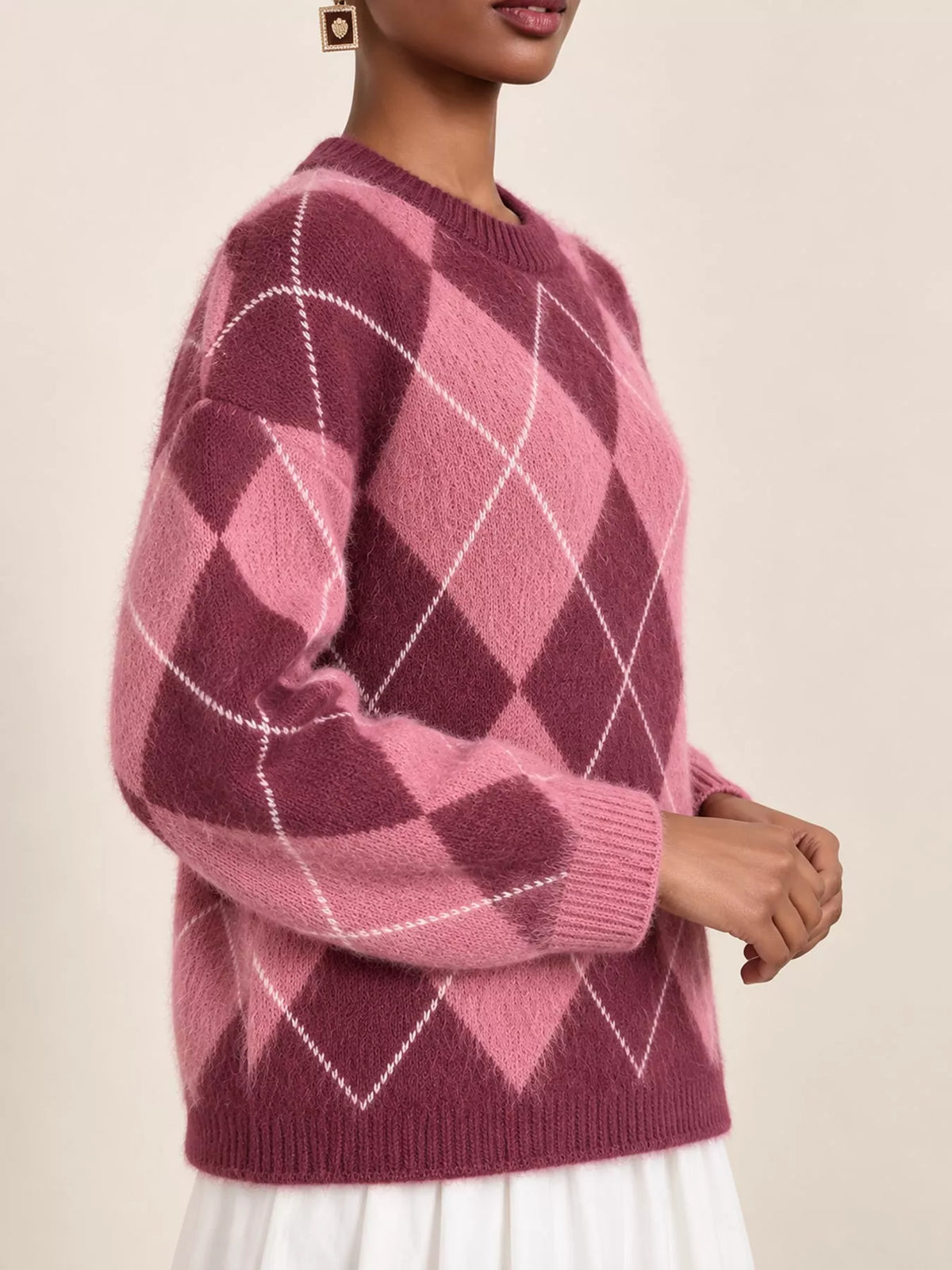 Argyle Pattern Fuzzy Knit Sweater - Fuchsia Red - View 11