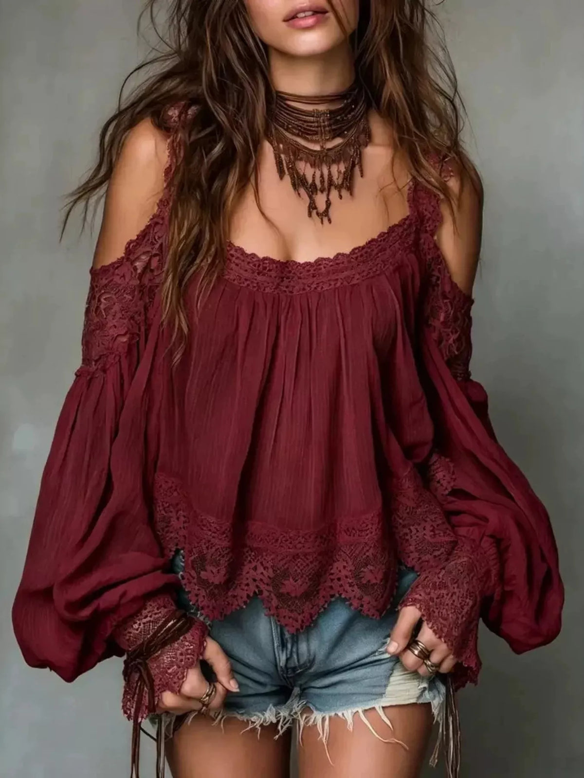 Lace Trim Cold Shoulder Blouse - Burgundy - View 1