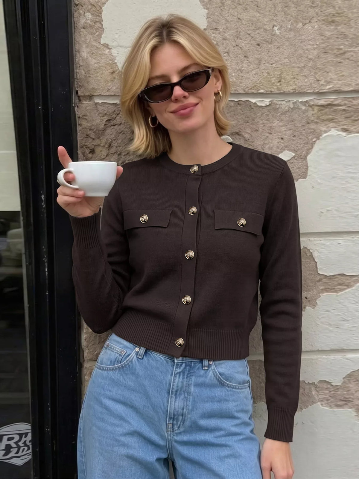 Button Down Long Sleeve Cardigan - Coffee Brown - View 6