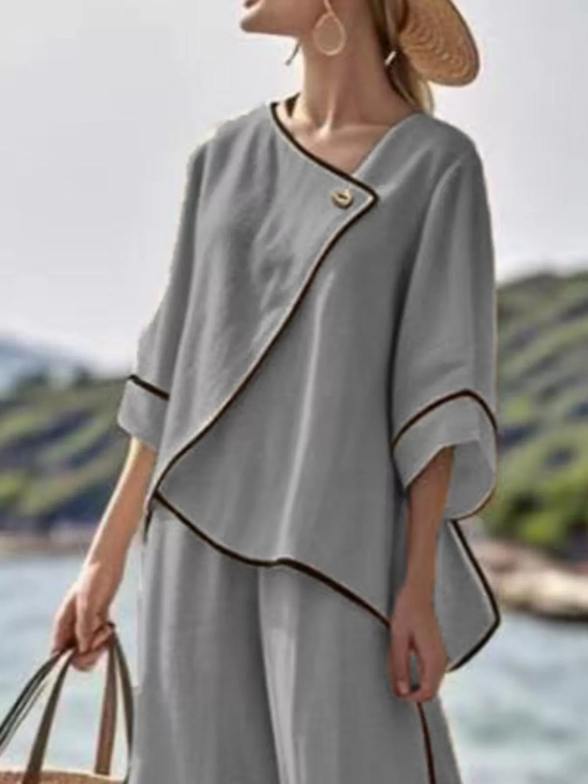Full Size Contrast Trim Top and Wide Leg Pants Set Plus Size - Grey - View 2