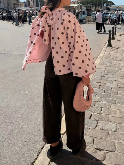 Polka Dot Open-Back Tied Blouse - Pink - View 4